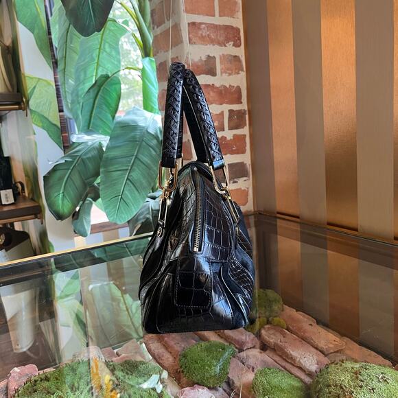 VERSACE Black Pony Hair Croc Embossed Suede Leather Dome Satchel - Picture 4 of 11